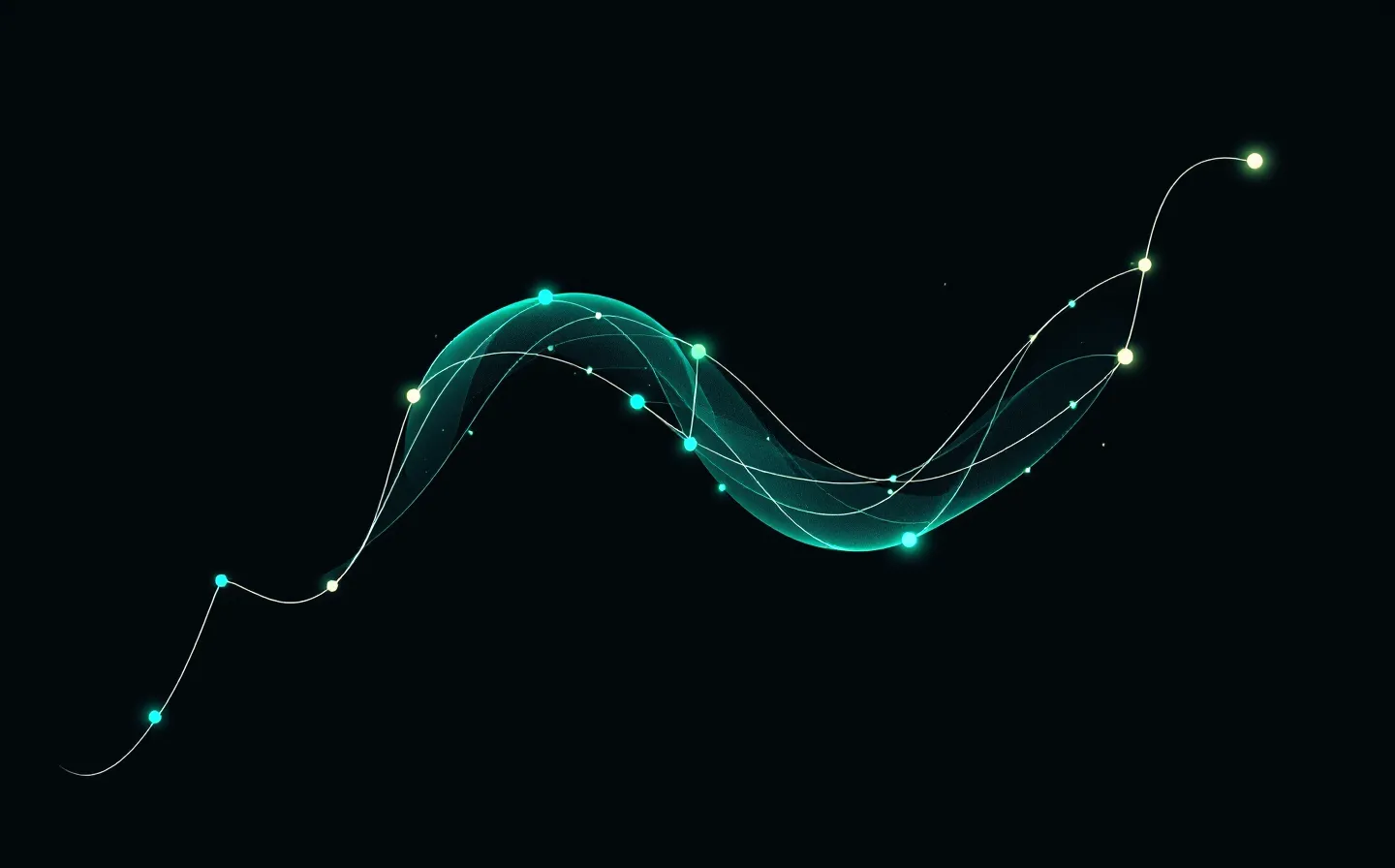 Clean docs-style illustration of an abstract NAD+ dinucleotide with two linked ring systems joined by a phosphate bridge in emerald with a teal active node, on a near-black ground